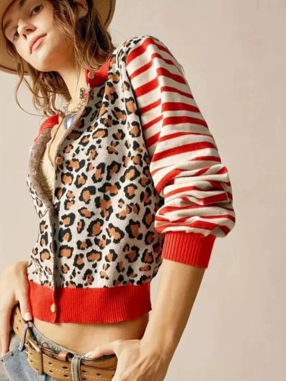 Leopard Print Striped Long-Sleeve Multicolor Cardigan - Picture 3 of 5